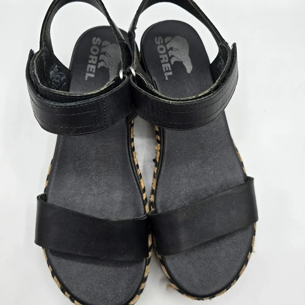 Sorel‎ Black Leather Espadrille Flatform Ankle Strap Platform Sandals 7.5